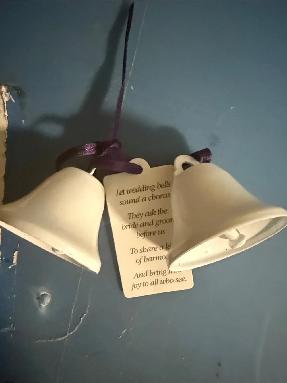 White Ceramic Bell Ornament with Purple Hanging Ribbon - Wedding